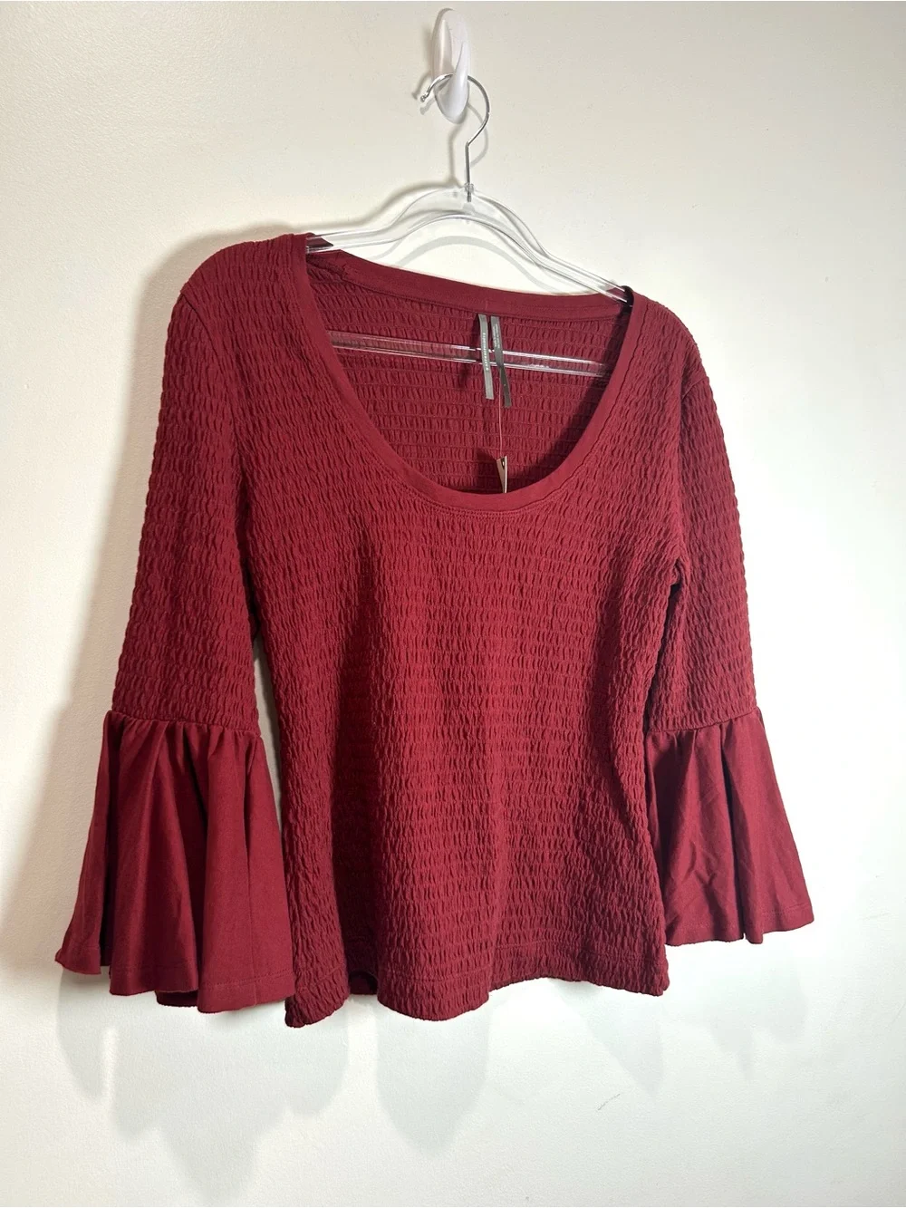 NEW By Anthropologie Blouse Top Smocked Bell Sleeve Red Sz Small Peasant Stretch